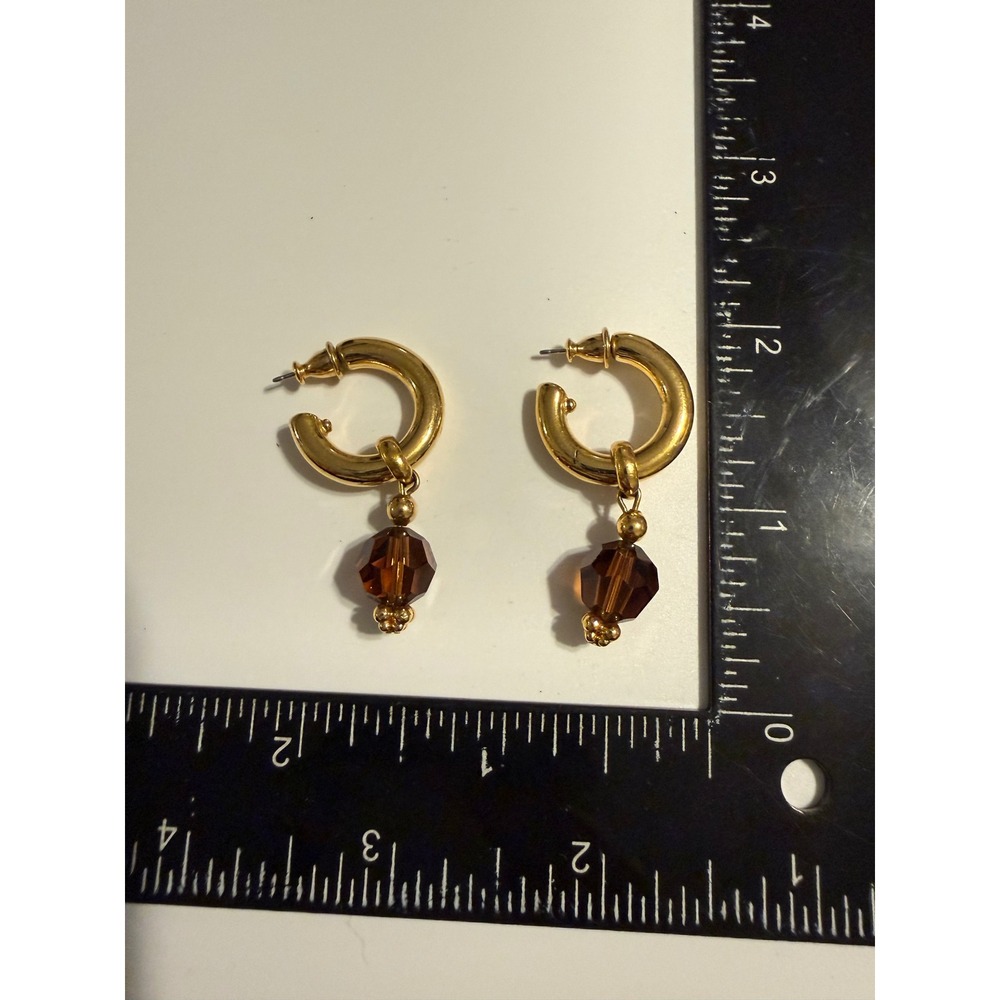 Gold Tone Hoop Earrings with Amber Faceted Crystal Bead Charm Dangles‎